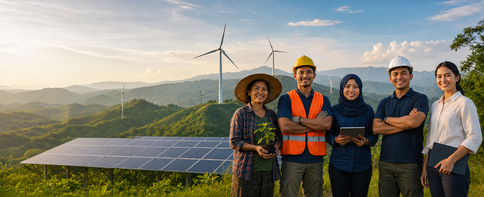 Workshop participants standing in front of wind turbines and solar panels